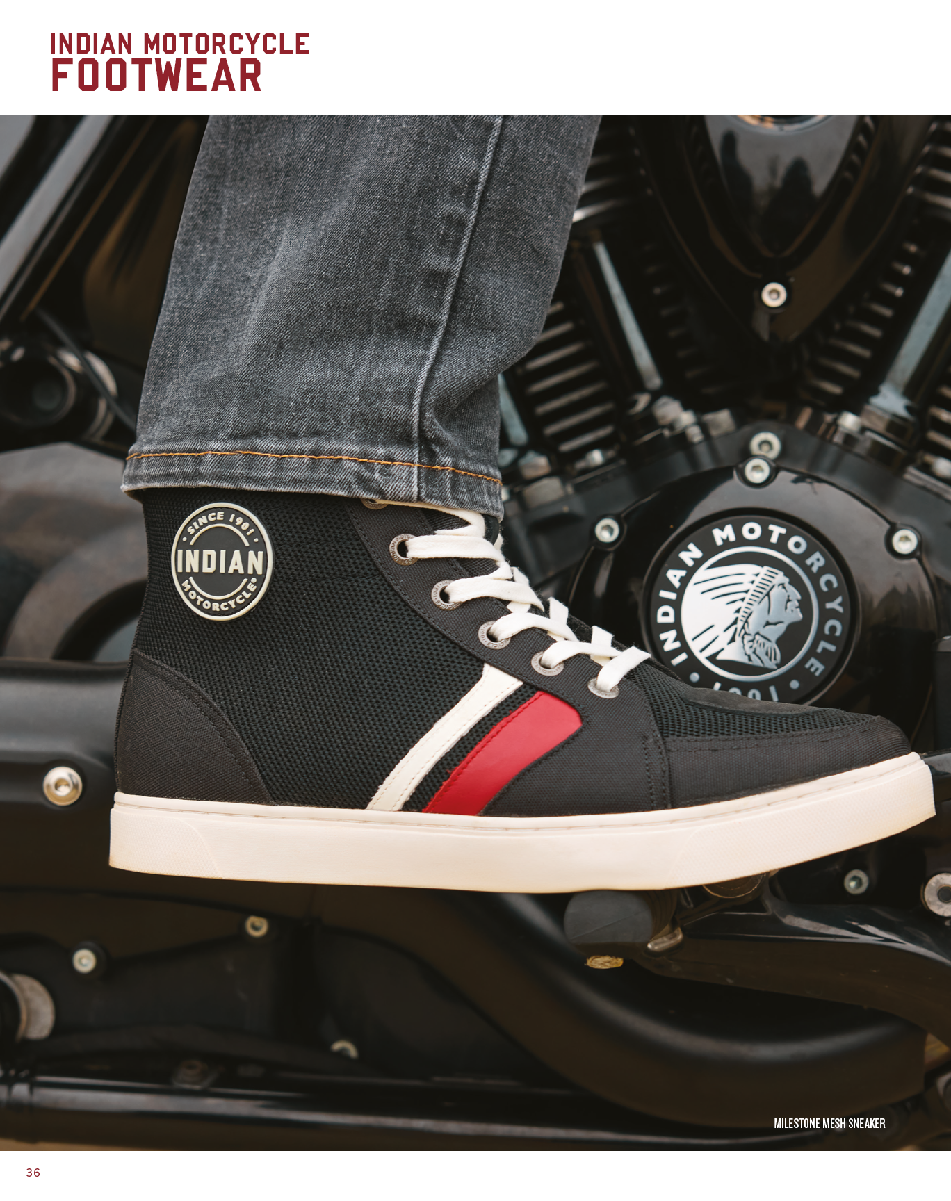 A man wearing a black and red shoe with a motorcycle in the background. AI generated content